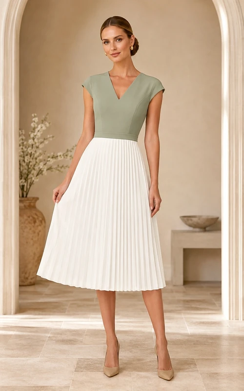 Salbeigrünes, farblich abgesetztes Chiffon-Cocktailkleid mit V-Ausschnitt, kurzen Ärmeln, A-Linien-Schnitt und Teelänge, plissiert