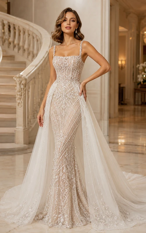 Robe de mariée intemporelle en dentelle et tulle, col carré, bretelles carrées, coupe sirène, sans manches, traîne courte, surjupe amovible, idéale pour une salle de bal.