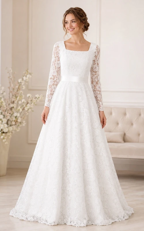 Lace Square Neck Long Sleeve Modest A-Line Wedding Gown Dress