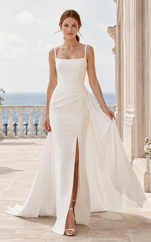 Robe de mariée fourreau en satin de plage, col carré, sans manches, traîne et fente