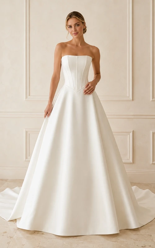 Vestido de novia sencillo de satén con corsé largo y sin tirantes