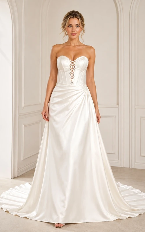 Vestido de novia sencillo, sin tirantes, con corsé y cordones, corte en A y largo hasta el suelo.