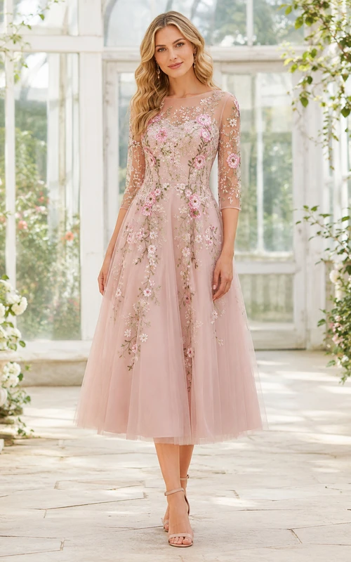 Vestido rosa de corte A largo midi con tul bordado floral y mangas ilusión estilo barco.