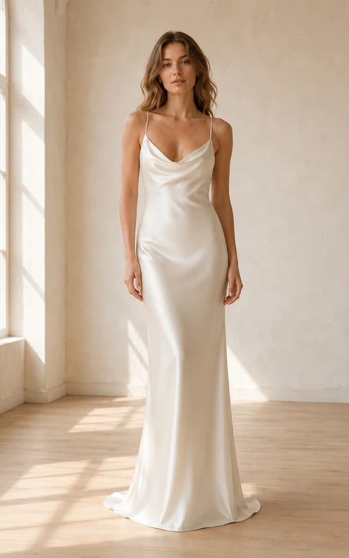 Satin-Etui-Brautkleid mit Wasserfallausschnitt und Spaghettiträgern