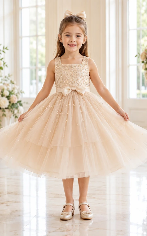 Flower Girl Dress Champagne Lace Tulle A-Line Jewel Neck Tea Length