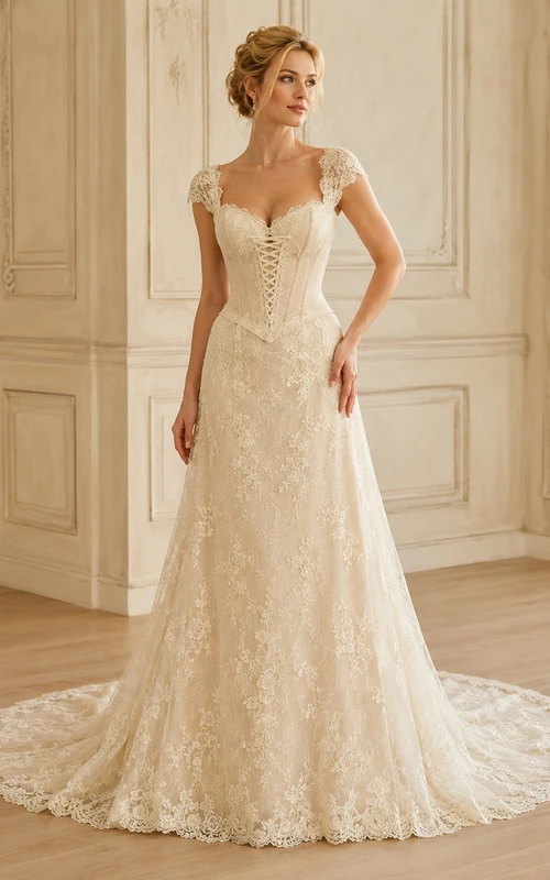 Vestido de novia vintage de corte A con corsé de encaje y mangas cortas