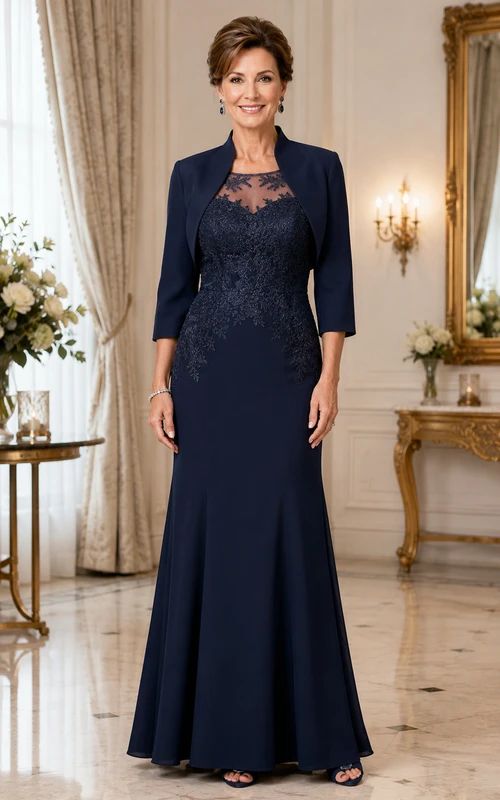 Vestido de sirena azul marino oscuro para la madre de la novia con corpiño de encaje y chaqueta corta.