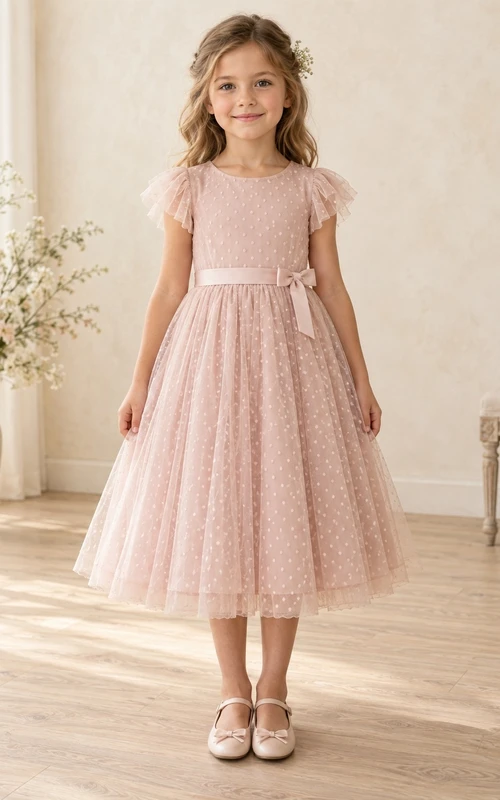 Modest Tea-length Pearl Pink Flutter Sleeve Dotted Tulle Sash Flower Girl Dress