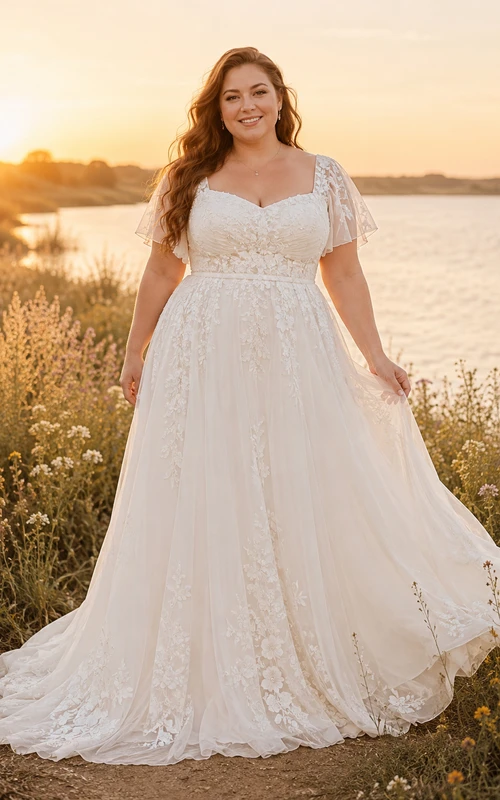 Plus Size Ivory Short Sleeve Lace A-Line Wedding Dress with Tulle Skirt