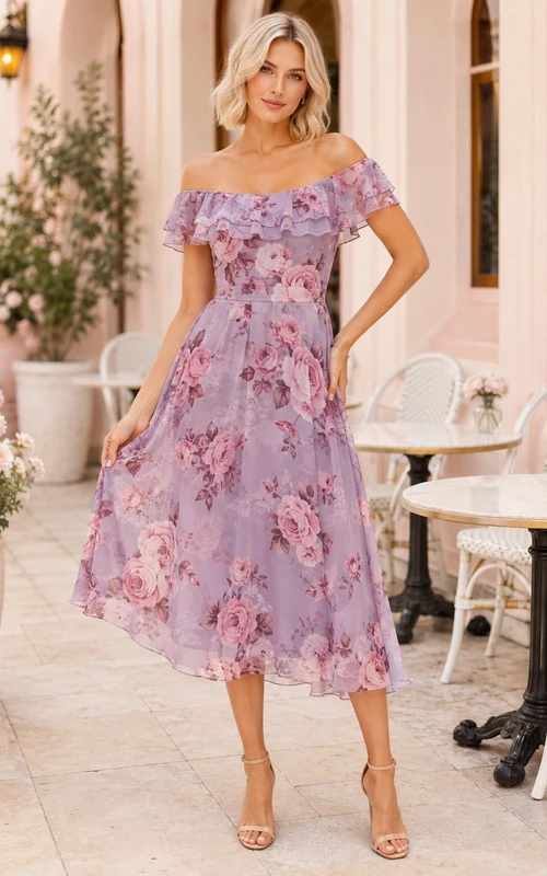 Robe mi-longue à manches bouffantes et épaules dénudées, imprimé floral lavande