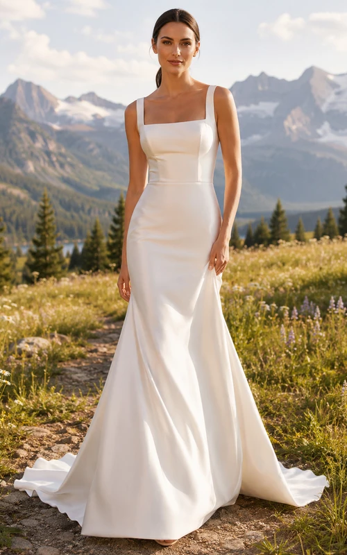 Robe de mariée minimaliste en satin à encolure carrée, bretelles larges et traîne balayée, style sirène, style montagne
