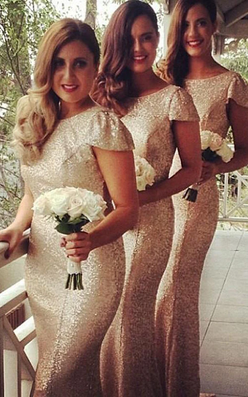 Robe sirène à manches courtes et sequins, encolure bateau