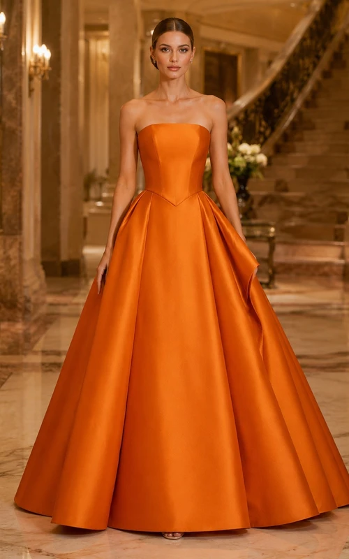 Luxury Orange Strapless Satin Ball Gown Floor-Length Simple Formal Prom Dress