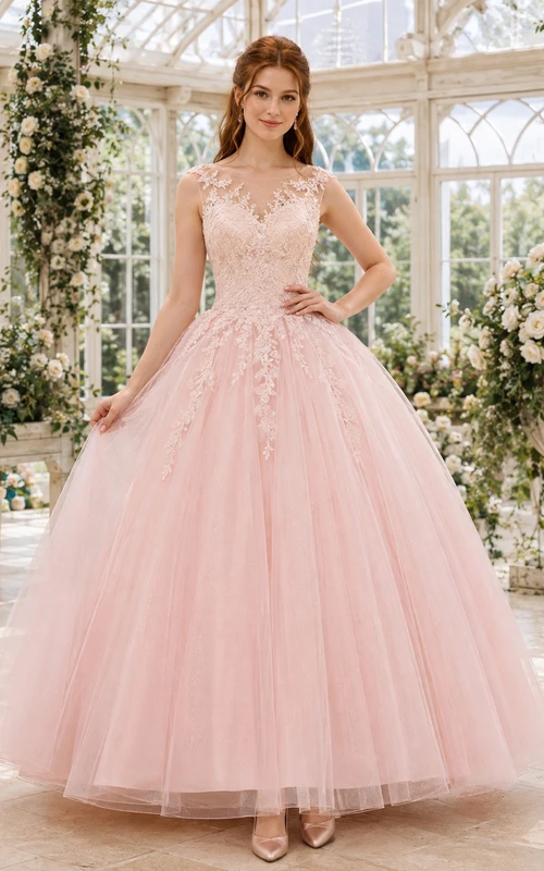 Vestido de fiesta largo hasta los tobillos de princesa con encaje y tul, estilo ilusión, con escote barco, para debutantes.