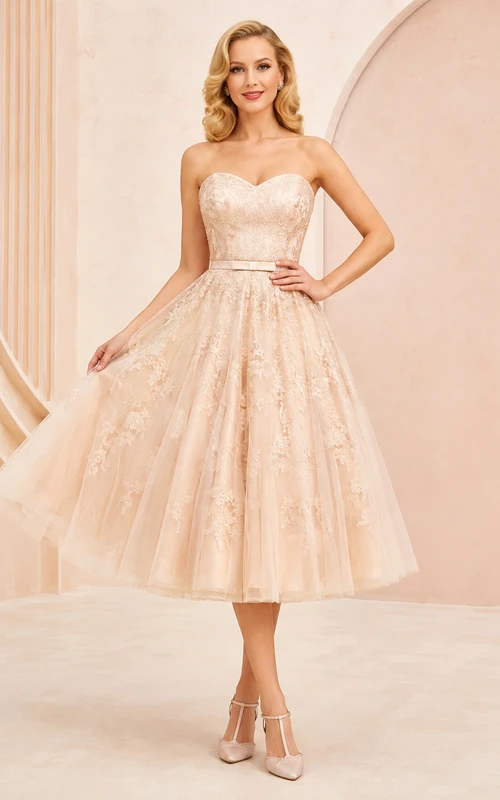 Champagne Strapless Sweetheart Beaded Lace Tulle Vintage A-Line Prom Dress