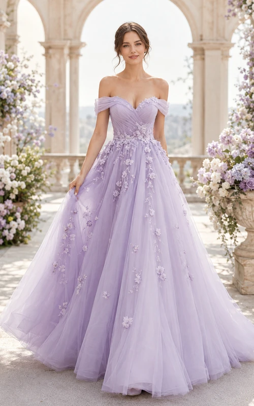 Robe de mariée en tulle lavande à épaules dénudées et appliqués floraux, coupe trapèze, ornée d'une applique florale.