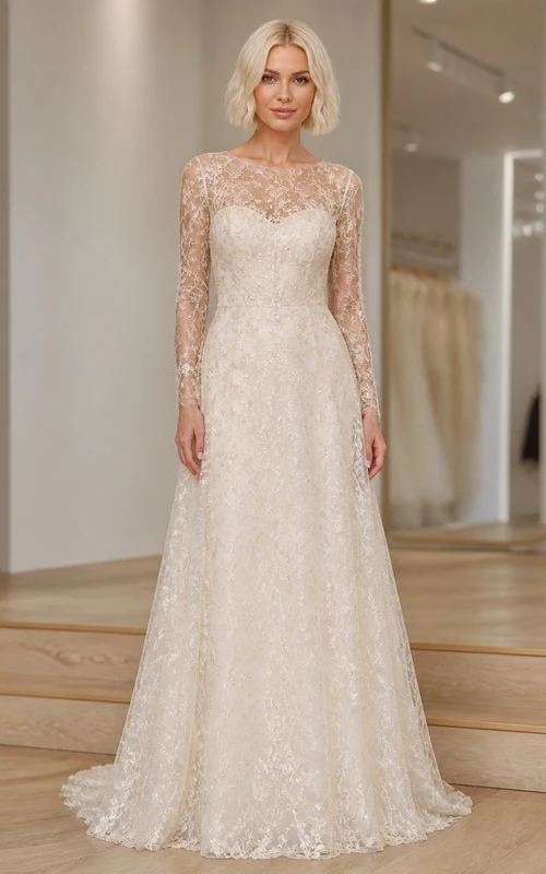 Vestido de novia modesto de manga larga y cuello alto con encaje para novias mayores