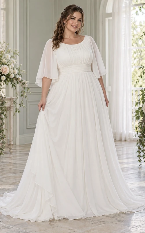 Vestido de novia de gasa de corte A con escote redondo discreto, mangas cortas con volantes y cintura fruncida.