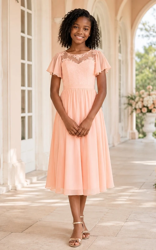 Vestido de dama de honor juvenil rosa ruborizado, corte en A, largo hasta la rodilla, escote en V, manga corta, detalle de volantes, estilo romántico.