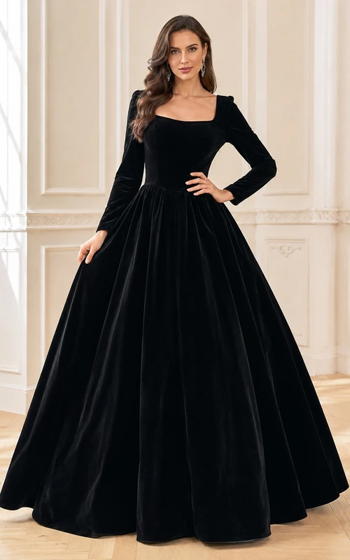 Vestido largo de terciopelo negro con cuello cuadrado y mangas largas