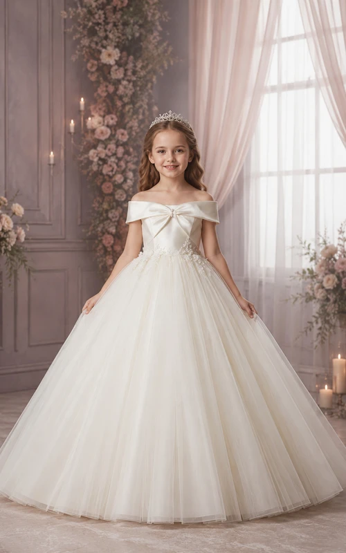 Off Shoulder Ball Gown Tulle A-Line Flower Girl Dress with Short Sleeves and Floor-Length Skirt