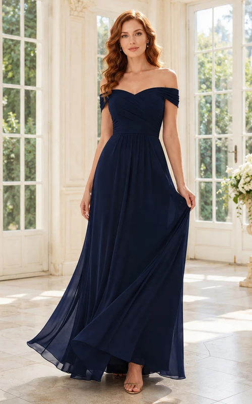 Mansion Formal Dark Navy Romantic Elegant A-Line Chiffon Bridesmaid Dress with Off Shoulder Sweetheart Short Sleeve Floor-Length Low Back