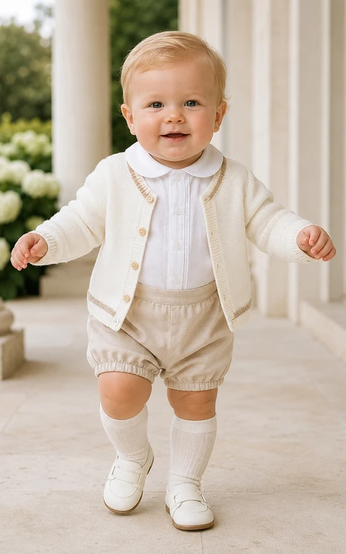 Elfenbeinfarbener, langärmeliger Feinstrick-Cardigan, Taufanzug für Babys