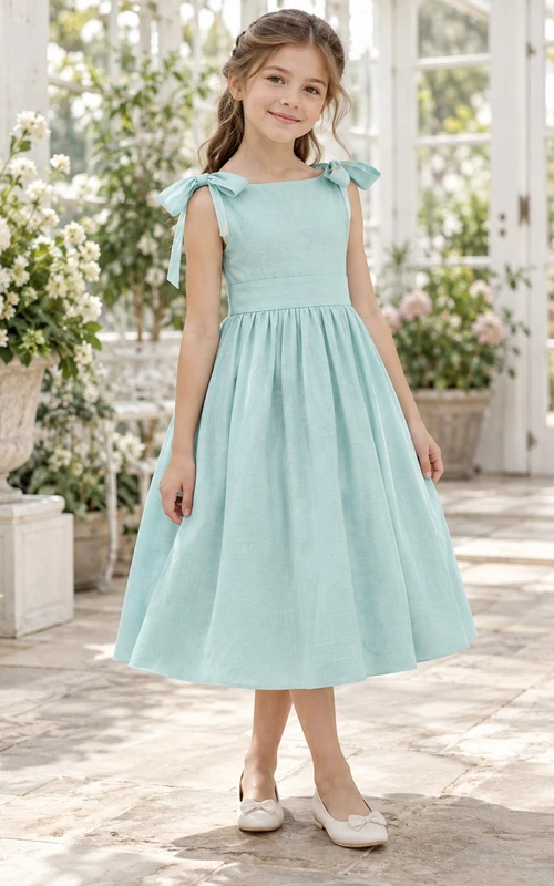 Simple Tea-length Aqua Bateau Shoulder Bow Cotton A-line Flower Girl Dress