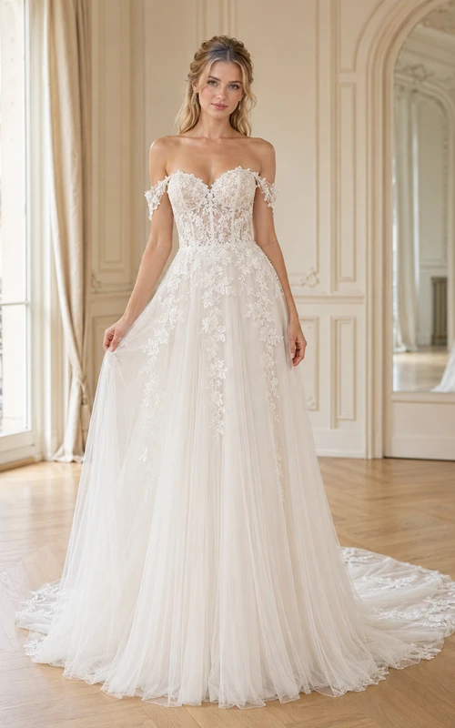 Robe de mariée raffinée en dentelle et tulle, épaules dénudées, manches courtes, coupe trapèze, traîne chapelle et applications florales