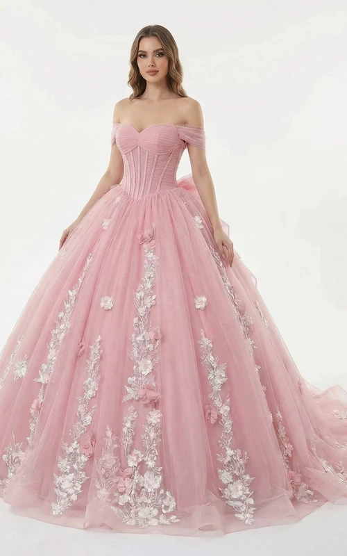 Zartrosa schulterfreies Ballkleid/Abendkleid für Quinceañera mit floralen Applikationen