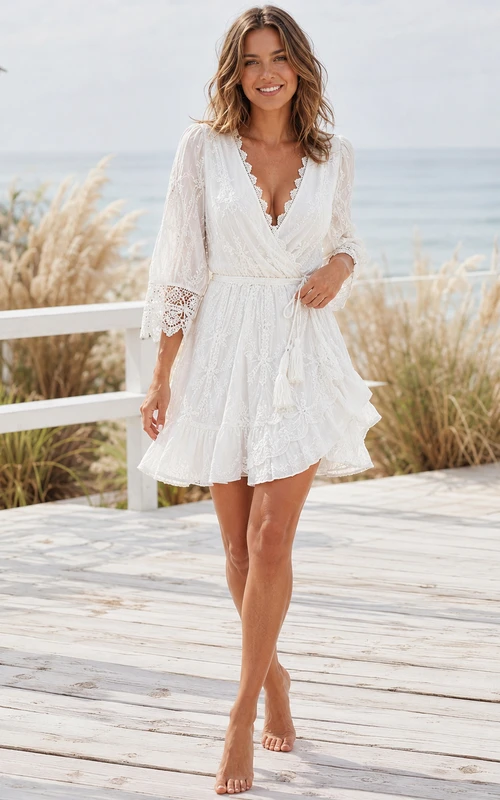 Bohemian Short V-Neck Three-Quarter Tiered Chiffon Beach Casual Wedding Dress