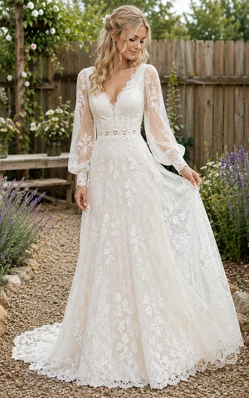 Backyard V Neck Lace Wedding A Line Long Bell Sleeve Court Train
