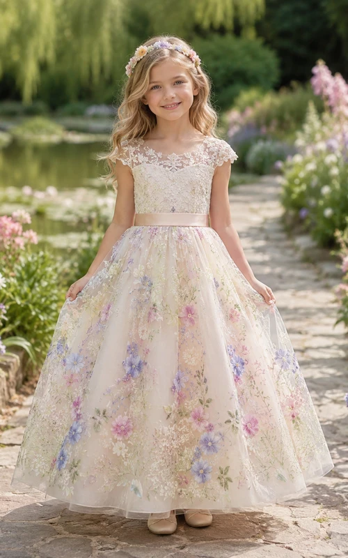 Vestido de niña de flores color marfil con bordado floral multicolor, mangas cortas de encaje, falda de tul acampanada hasta el suelo y cinturilla de satén color rosa pálido.