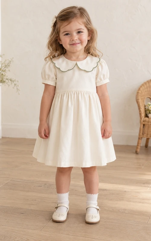 Simple Modest Cream Knee Length Rounded Scalloped Collar Compact Puff Flower Girl Dress
