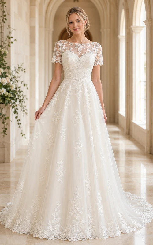 Vestido de novia romántico de corte A, modesto, largo hasta el suelo, con escote barco y mangas cortas de encaje.