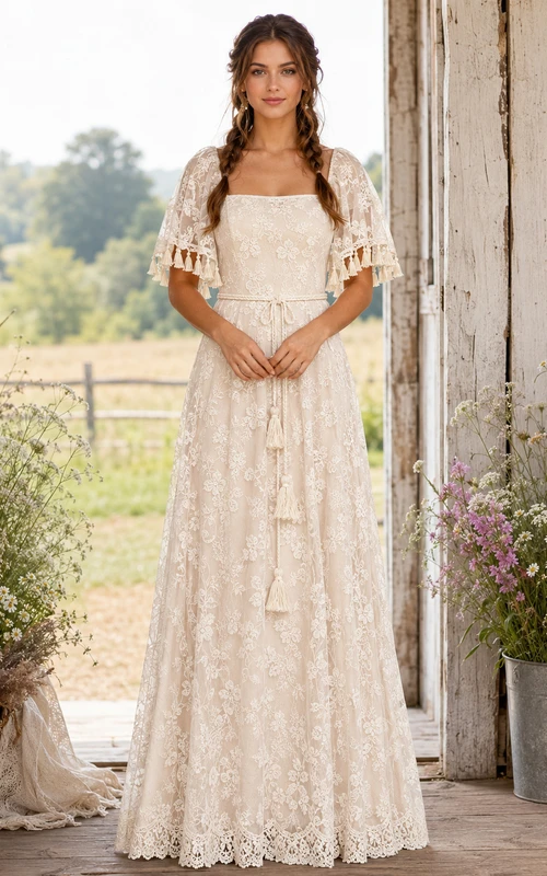 Robe de mariée champêtre en dentelle, fourreau, col carré, manches courtes, longueur au sol