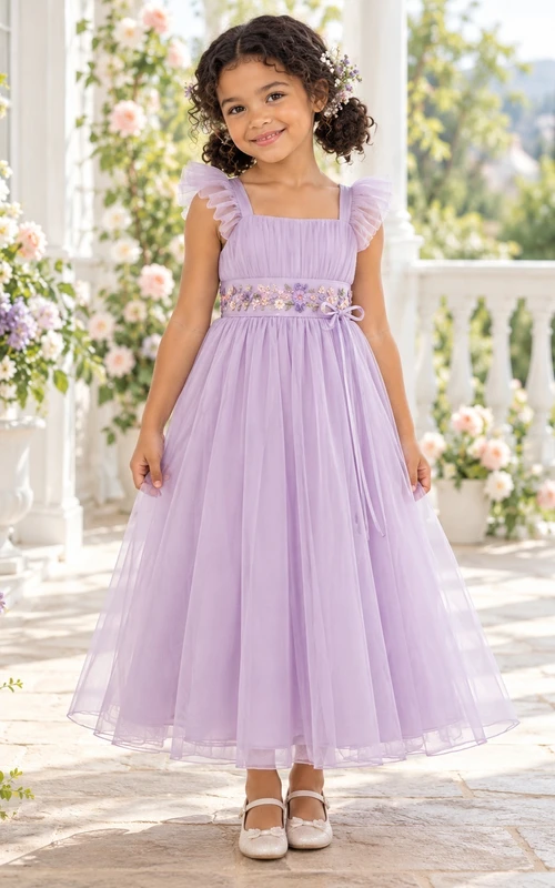 Lavender Square Neck Ruffle Strap Floral Waist Flower Girl Dress
