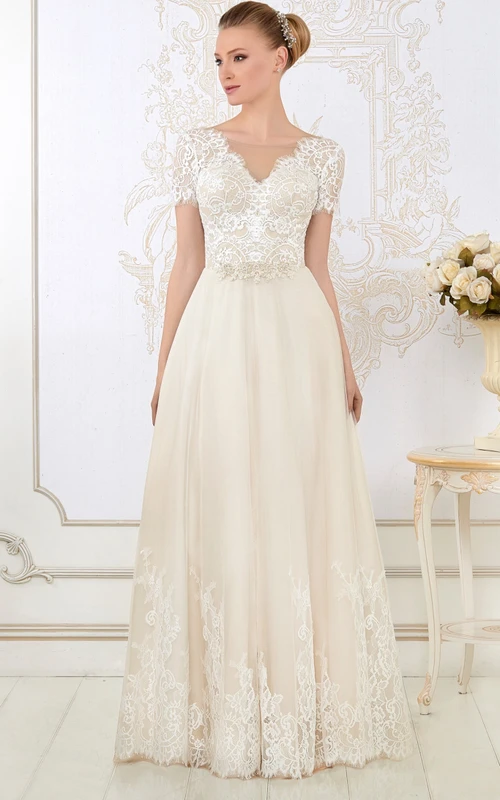 Vestido de novia largo hasta el suelo con escote en V, apliques y mangas cortas de encaje