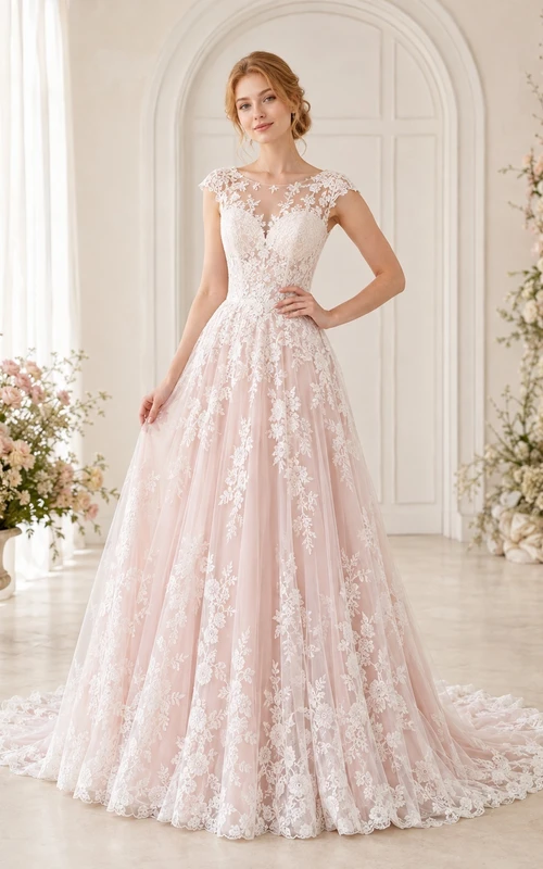 Robe de mariée rose poudré à col bateau en V, manches courtes et dentelle florale, coupe trapèze, encolure bateau et manches courtes