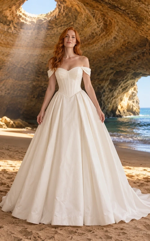Vestido de novia sencillo de gala con hombros descubiertos, de popelina de algodón, sin mangas y con cola.