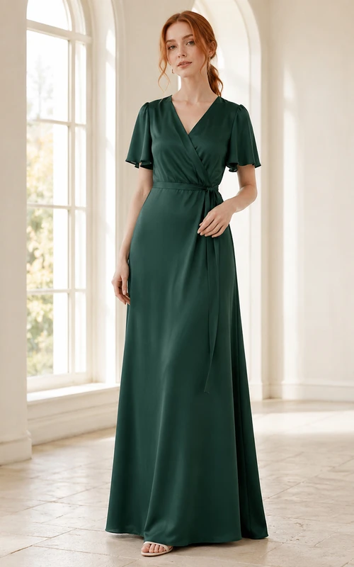 Dark green V-neck short sleeve wrap floor length bridesmaid dress