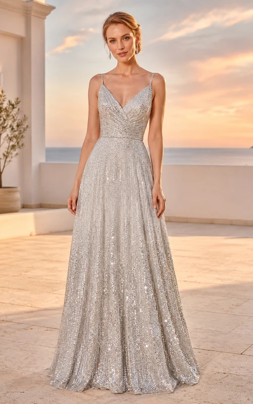 Evening Gown Silver Sequin Tulle A-Line V-Neck Sleeveless Floor Length