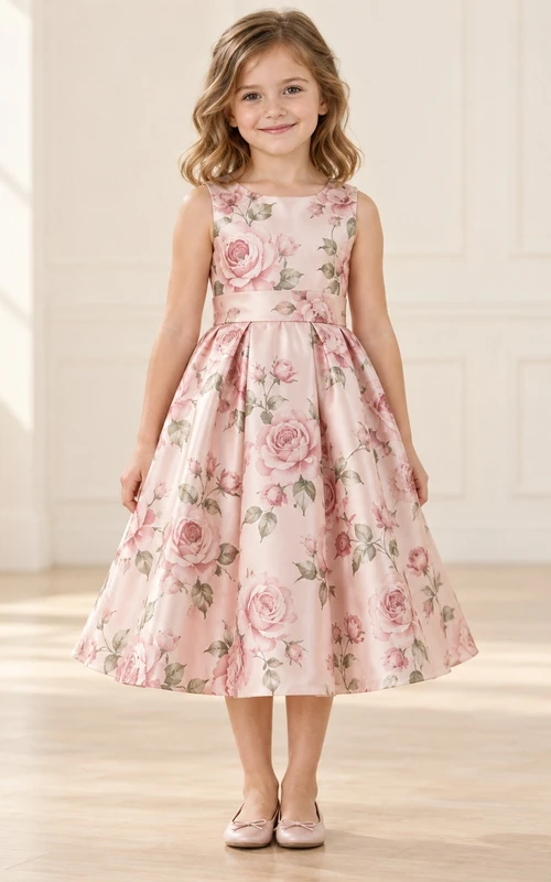 Tea-length Blush Floral Sleeveless Pleated Sash Satin Flower Girl Dress