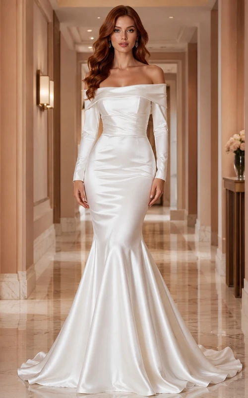 Romantic Off-Shoulder Long-Sleeve Satin Mermaid Sweep-Train Elegant Wedding Dress