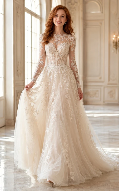 Robe de mariée en dentelle et tulle, coupe trapèze, bustier cœur, manches longues, traîne.