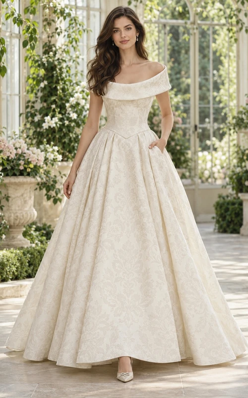 Schulterfreies Brautkleid mit Porträtkragen, Jacquard-Ballkleid und Taschen