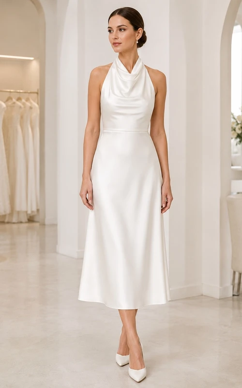 Civil Wedding Halter Sleeveless A-Line Tea-length Satin Elopement Dress