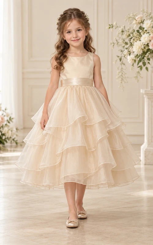 Tea-length Ivory A-line Organza Sleeveless Sashed Layered Round-Neck Flower Girl Dress
