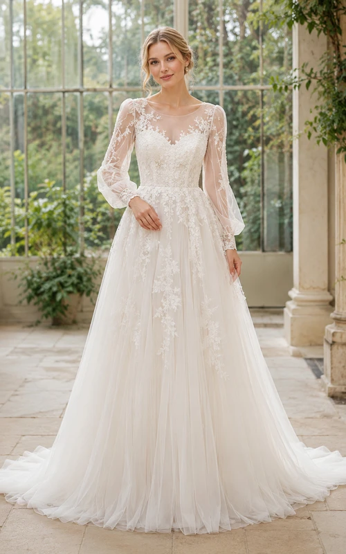 Robe de mariée classique en dentelle et tulle illusion, col montant, manches longues, coupe trapèze, traîne chapelle, ornée d'appliqués floraux.