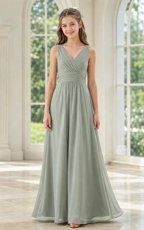 Vestido de dama de honor juvenil color verde celadón plateado, corte en A, escote en V, sin mangas, elegante y formal.